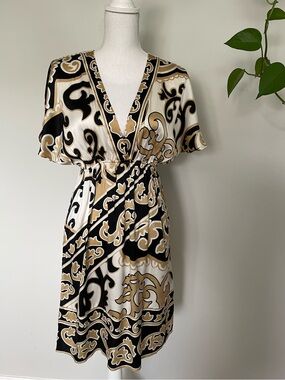 Hale Bob Vintage Silk Blend Baroque Scarf Print V Neck Dress Size S
